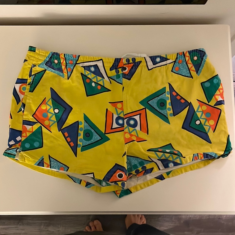 VTG Yellow Geometric Life Guard Short Swim Trunks